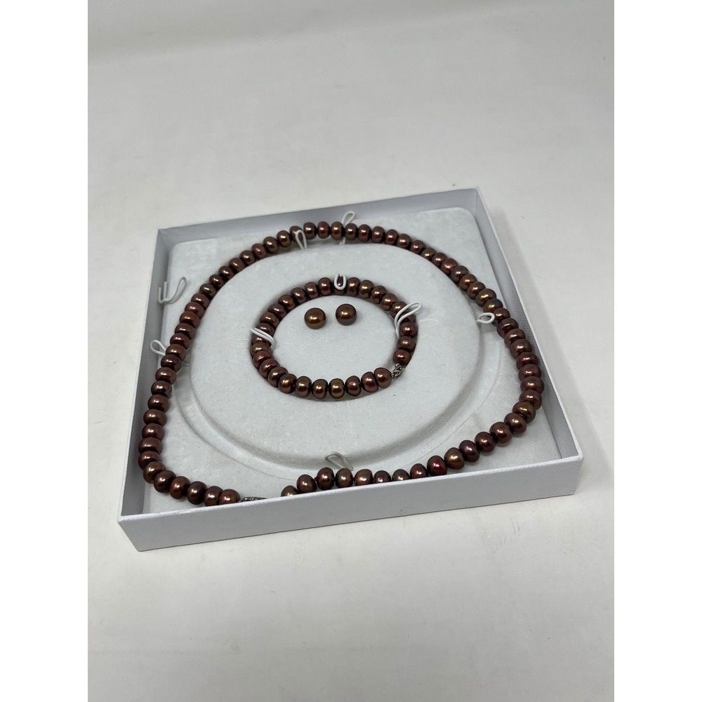 Vintage JCPenney Chocolate Brown Cultured Pearl Necklace Bracelet Earring Set